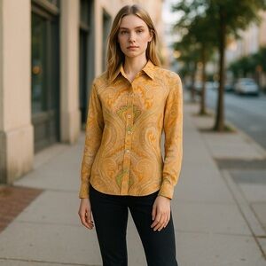 Women’s Vintage CARISLE Silk Blouse Bright Colorful Spring Business Casual Size4